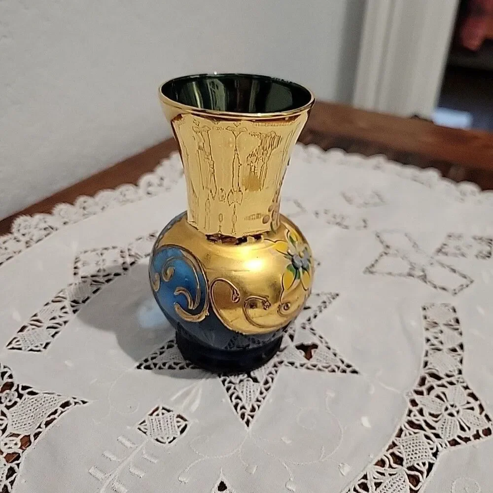 Vintage Venetian Murano Cobalt Blue Vase Floral Enamel 24K Gold Painted Art 4